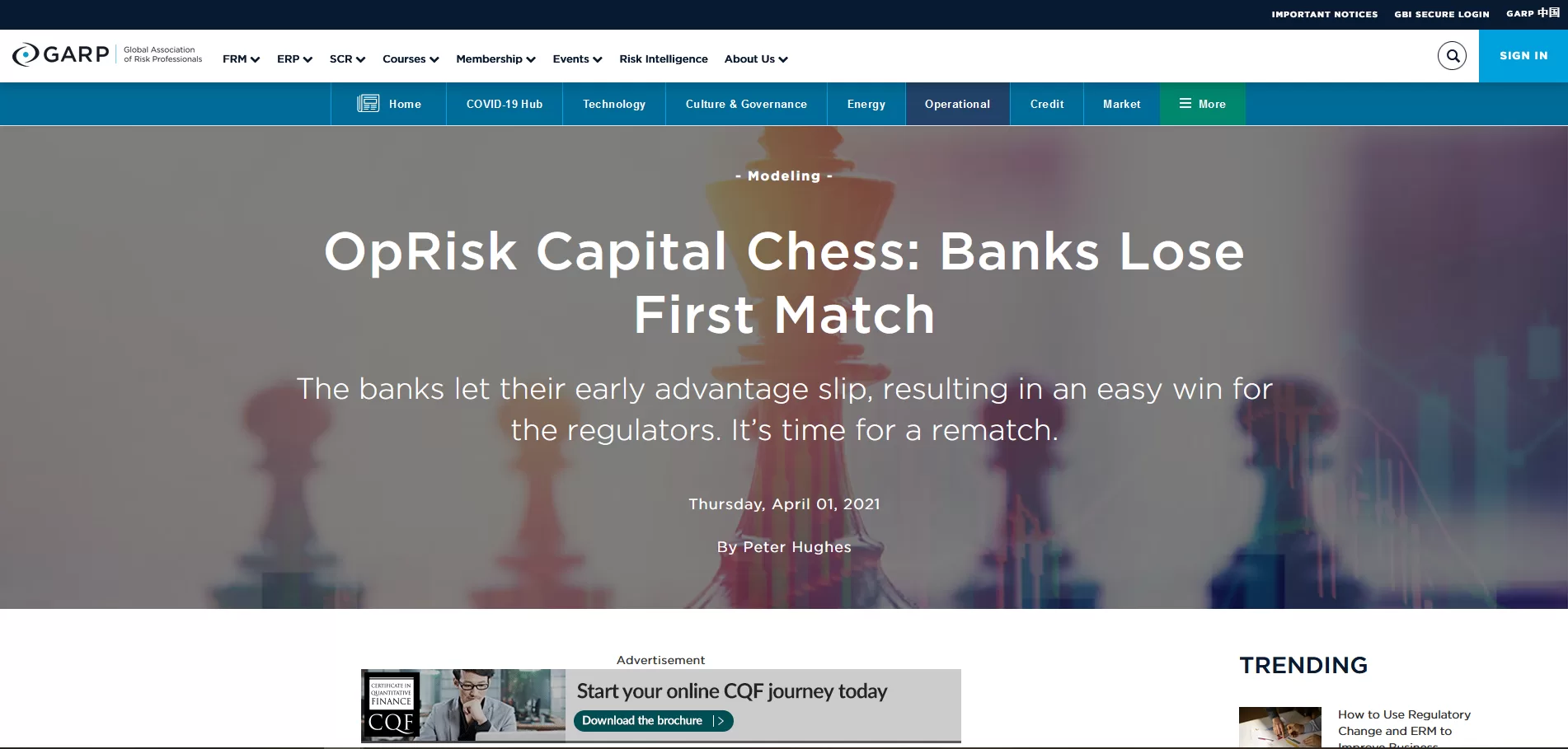 Screenshot of a GARP article on operational risk capital