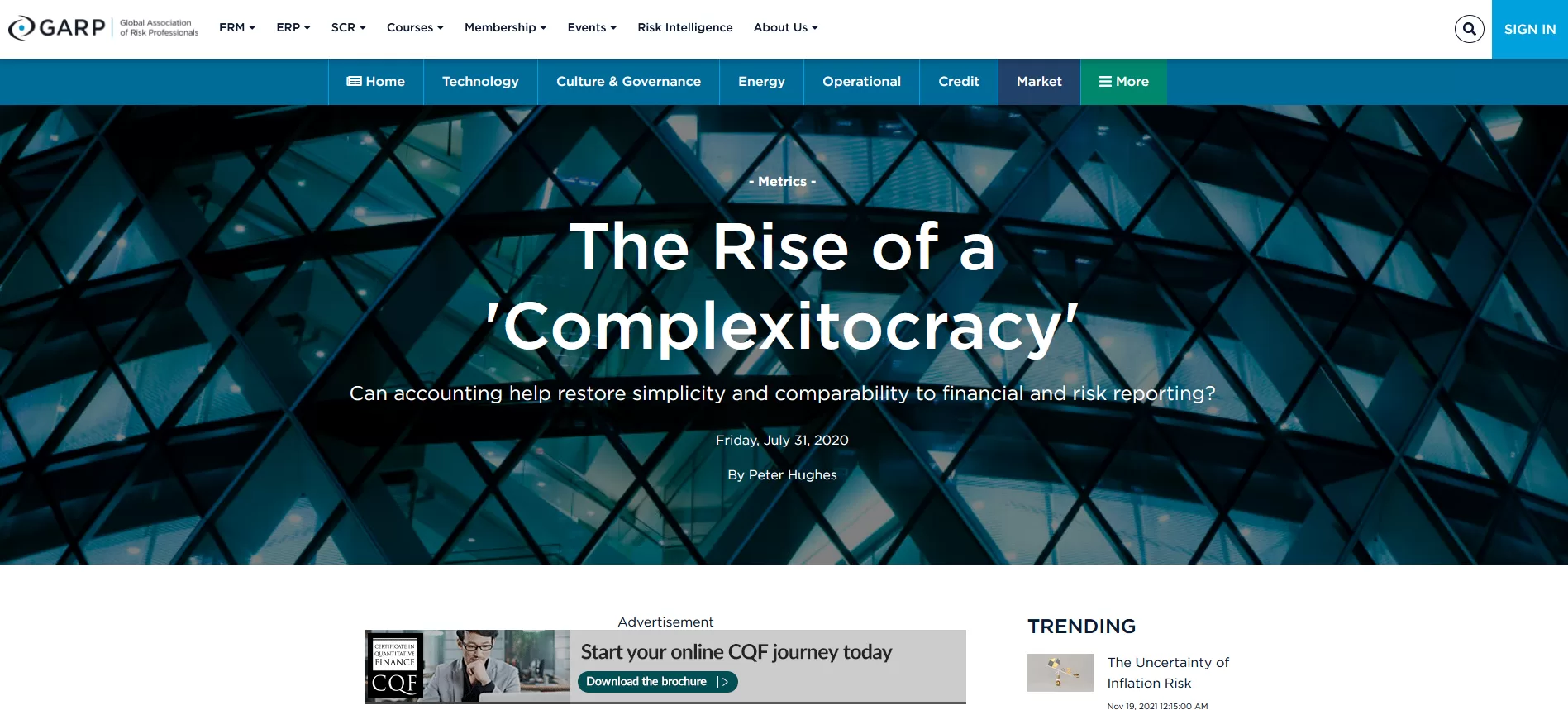 Screenshot of a GARP article on complexity in risk management